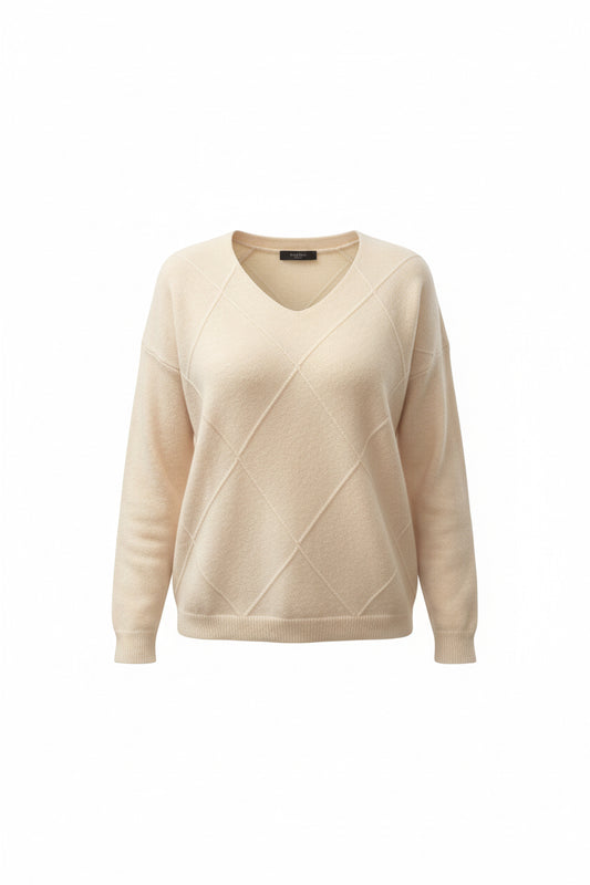 Cream-colored knit sweater with a diamond pattern 