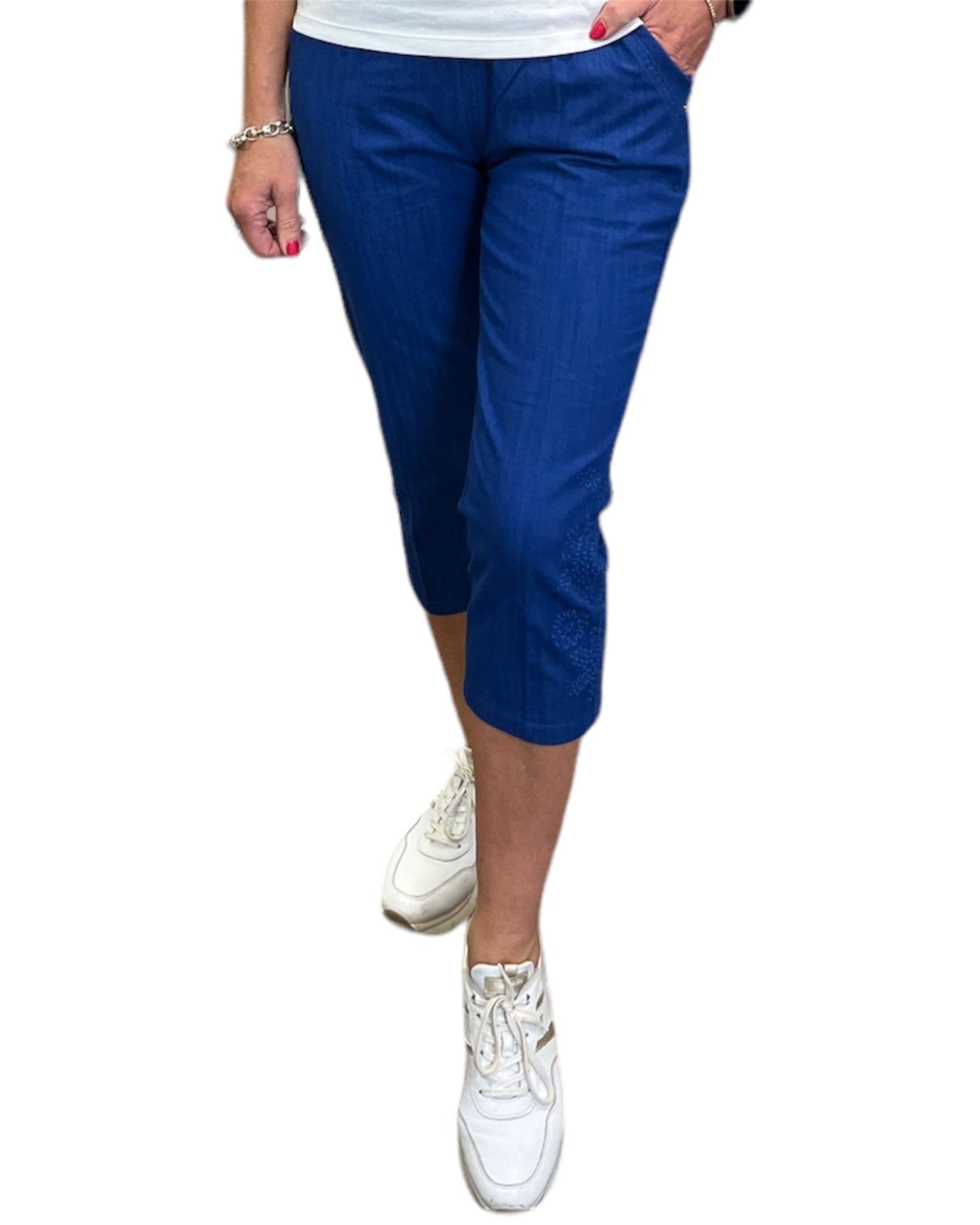 Royal Blue Embroidered Cropped Trousers
