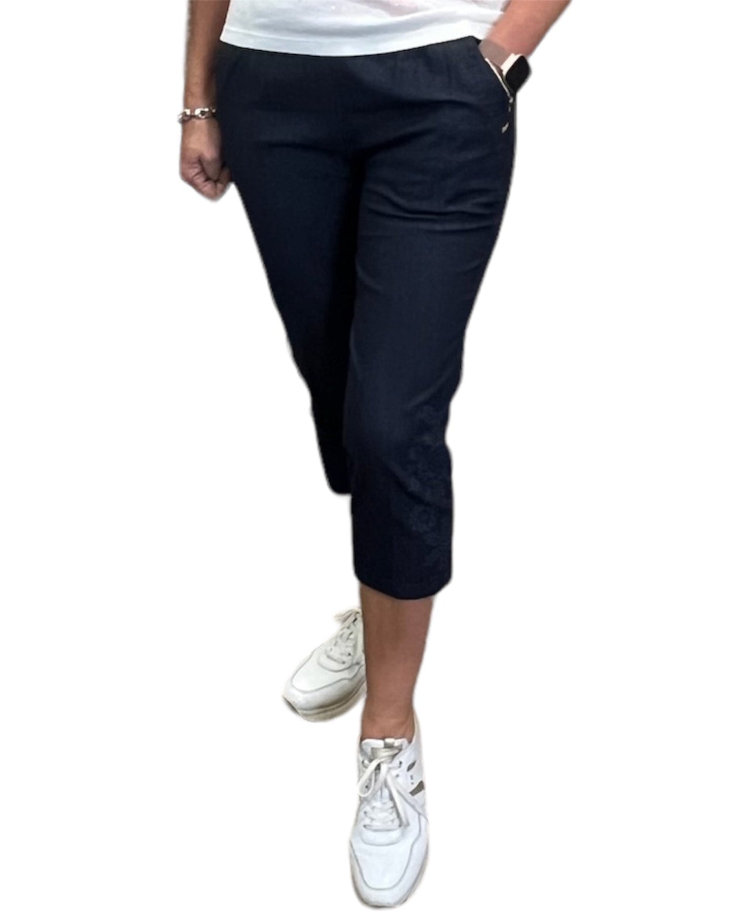 Navy Embroidered Cropped Trousers