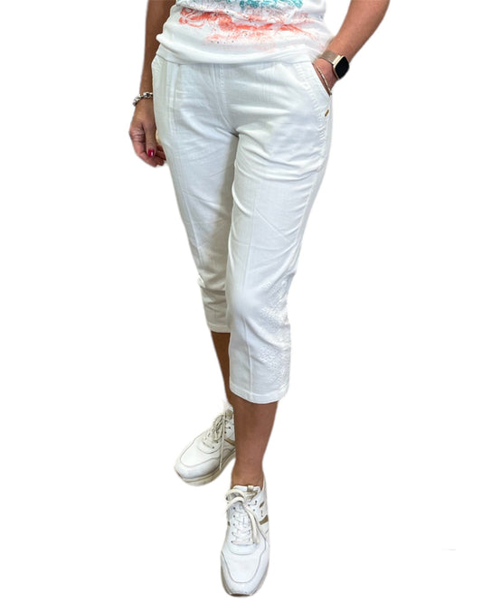 White Embroidered Cropped Trousers
