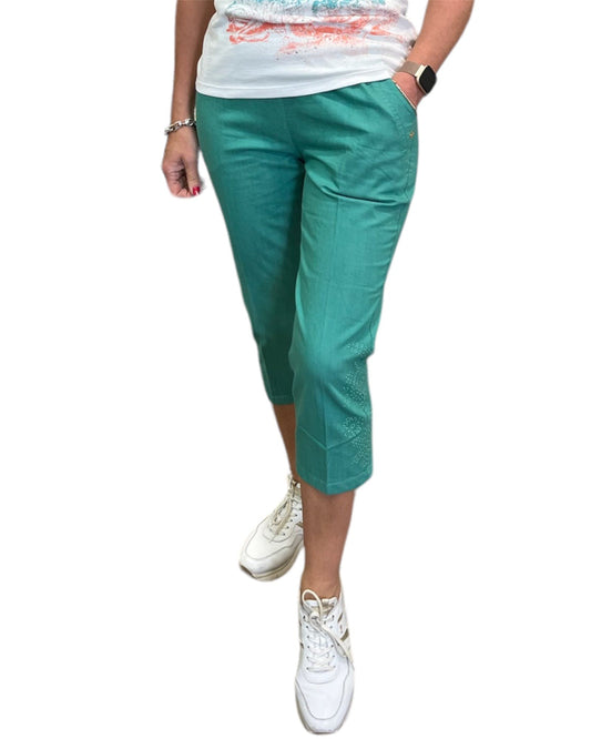 Green Embroidered Cropped Trousers