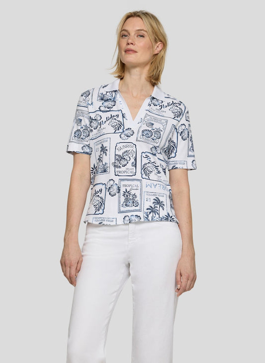 Rabe Blue and White Holiday Print Top