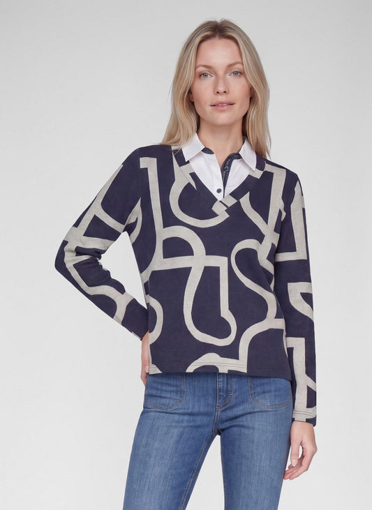 RABE Navy Grey Polo Style Top