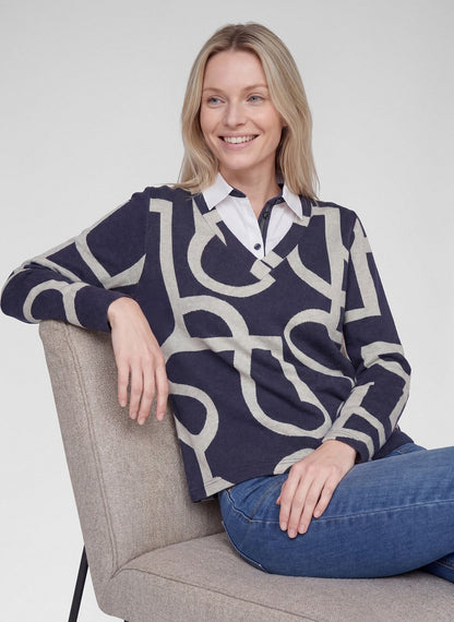RABE Navy Grey Polo Style Top