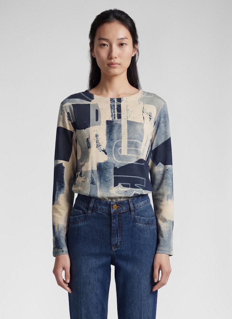Rabe Ecru and Navy Abstract Print Top