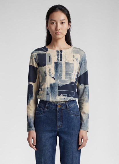 Rabe Ecru and Navy Abstract Print Top