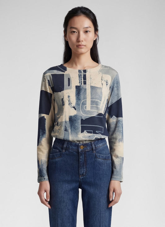 Rabe Ecru and Navy Abstract Print Top