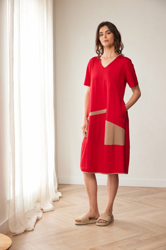 Peruzzi Red and Taupe Oval Cut Out Dress