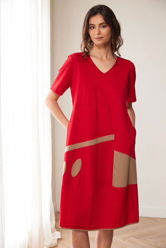 Peruzzi Red and Taupe Oval Cut Out Dress