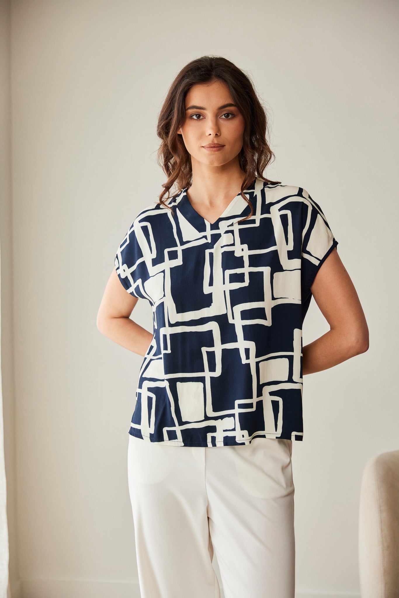Peruzzi Navy Geo Print Top