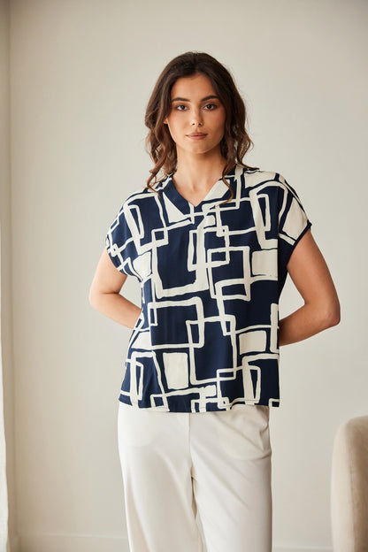 Peruzzi Navy Geo Print Top
