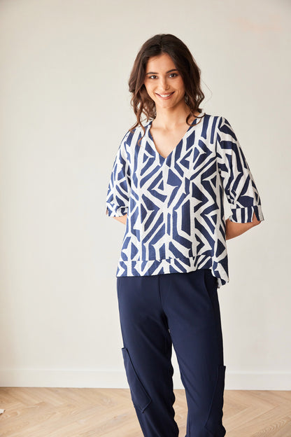 Peruzzi Navy Geo Block Print Top