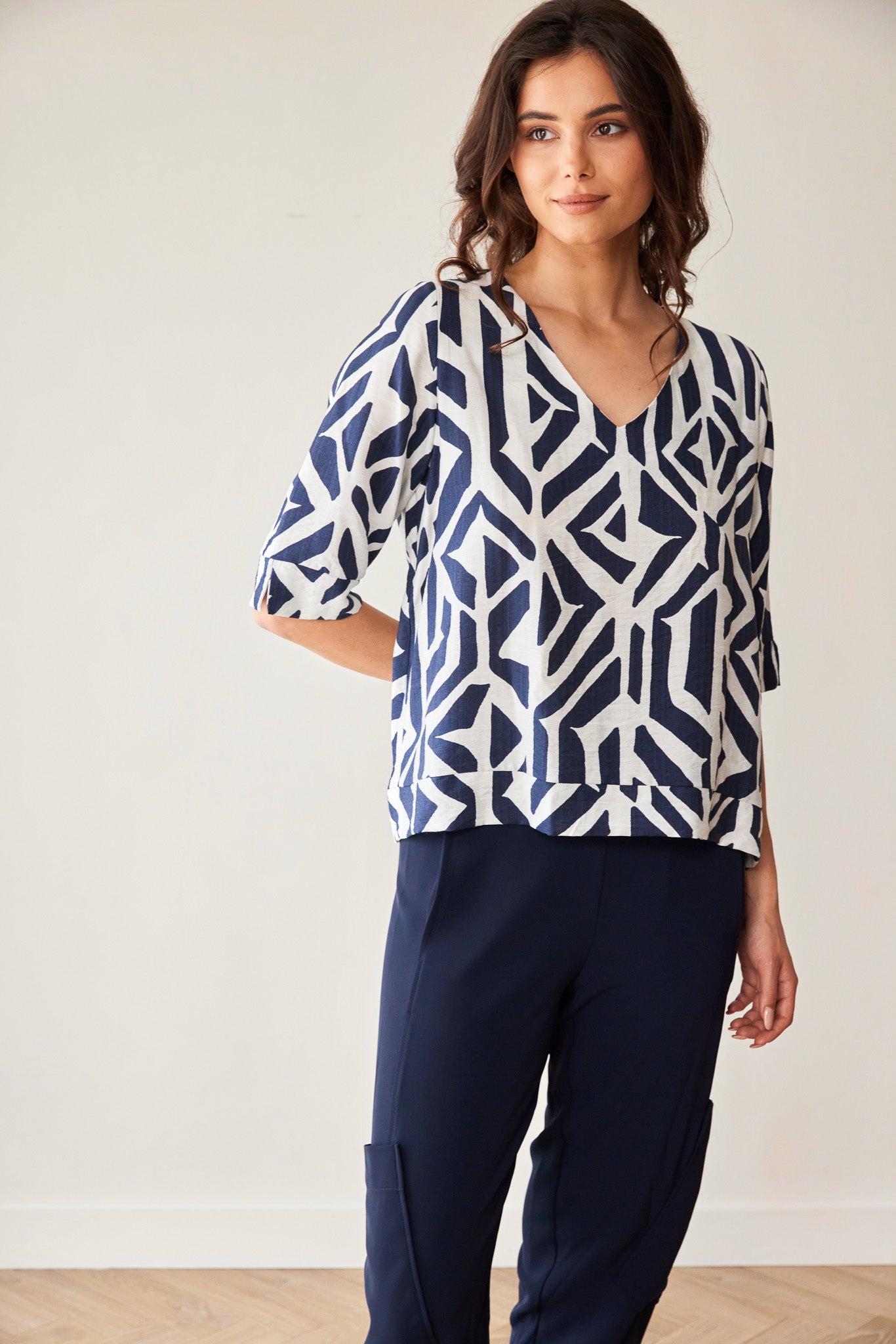 Peruzzi Navy Geo Block Print Top