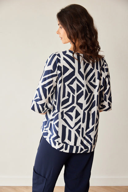 Peruzzi Navy Geo Block Print Top