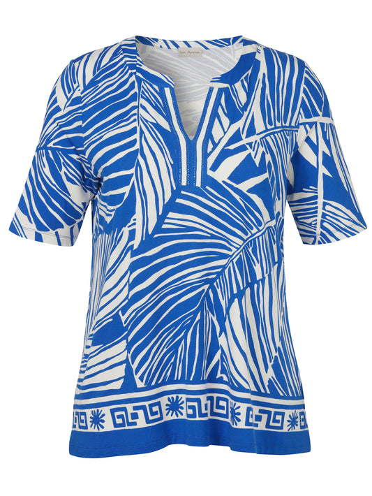 Blue and White Leaf Print Top