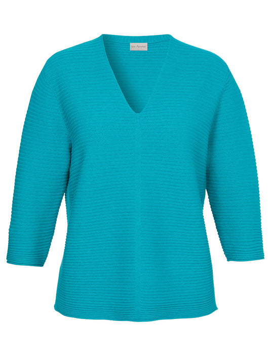 Blue sweater with a V-neck and three-quarter sleeves on a white background