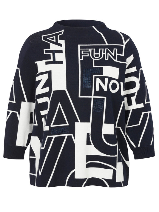 Black sweater with white text and patterns on a white background