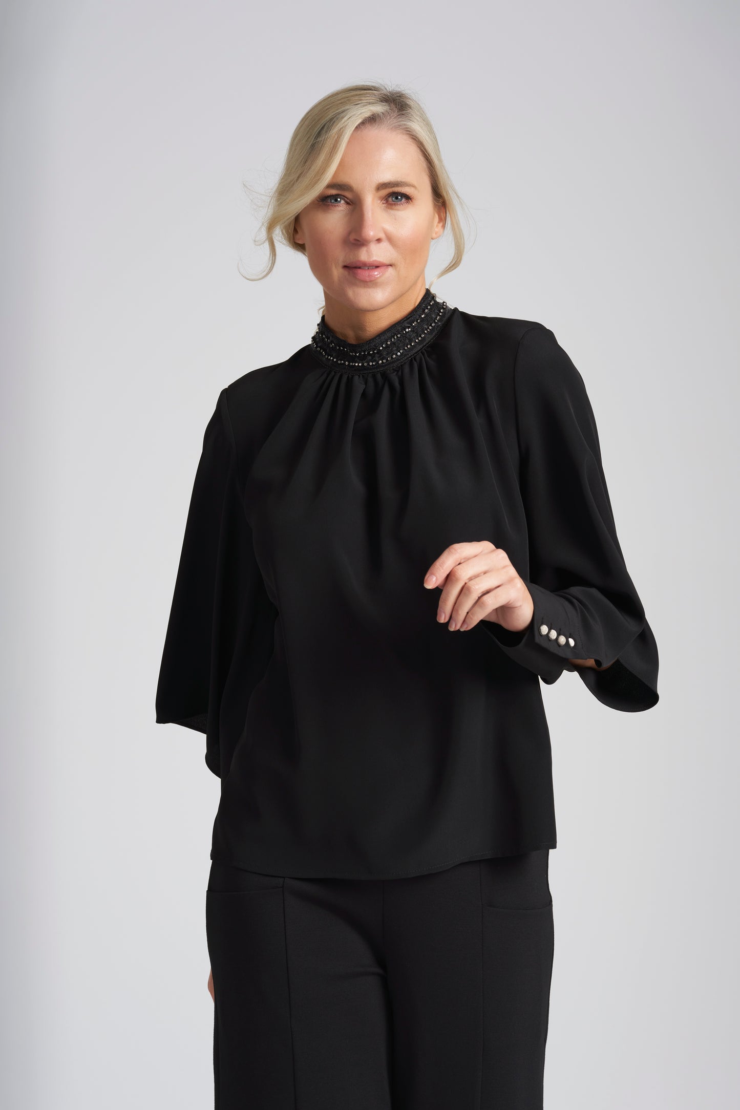 Peruzzi Black Diamante Trim Blouse