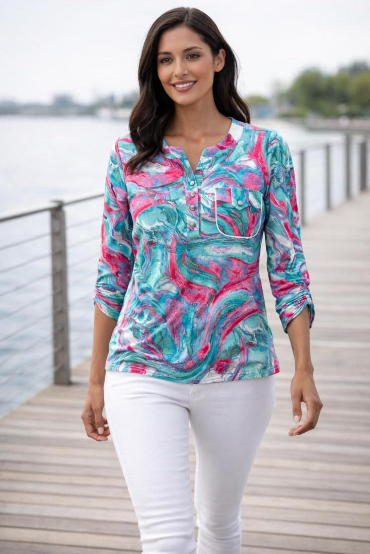 Teal and Pink Abstract Print Top