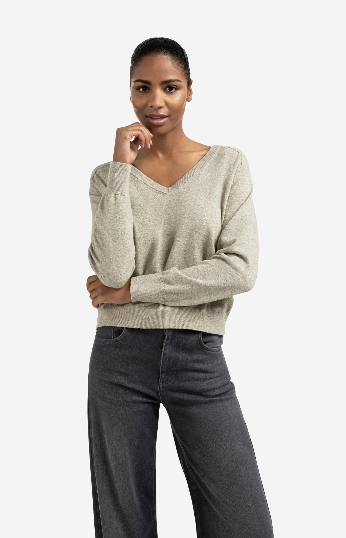 YAYA Double V-neck Sweater with Back Button Detail