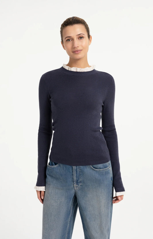 YAYA Fitted rib sweater with ruffle detail