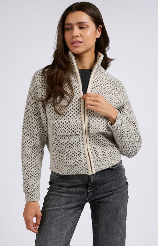 Knitted jacket with a woven print, long sleeves and zipper