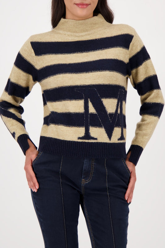 Monari Navy and Ecru Stand Collar Pullover
