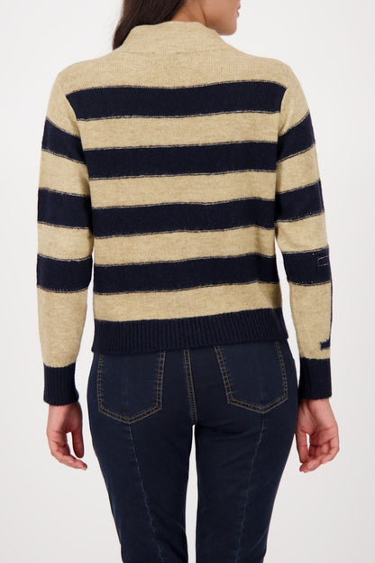 Monari Navy and Ecru Stand Collar Pullover