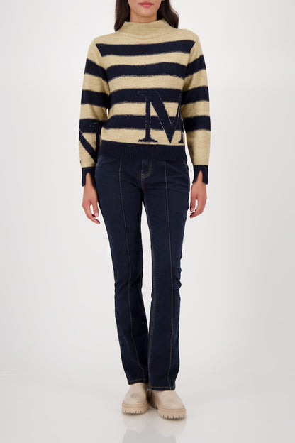 Monari Navy and Ecru Stand Collar Pullover