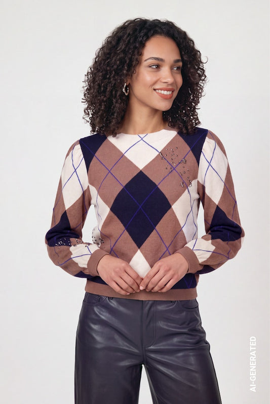 Monari Beige and Navy Diamond Print Sweater