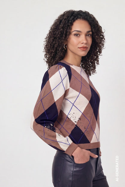 Monari Beige and Navy Diamond Print Sweater