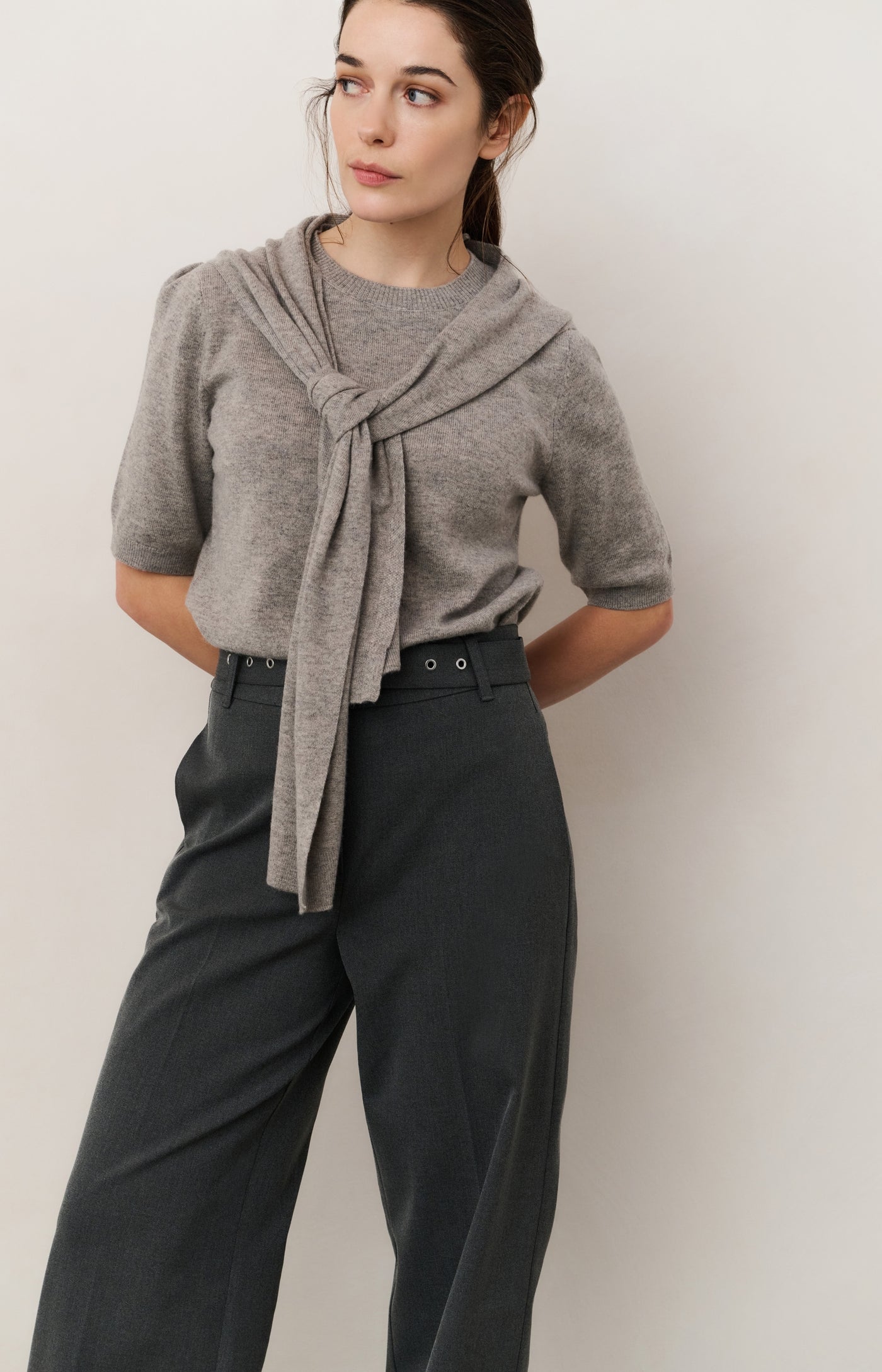 YAYA Short sleeve sweater with fixed scarf detail