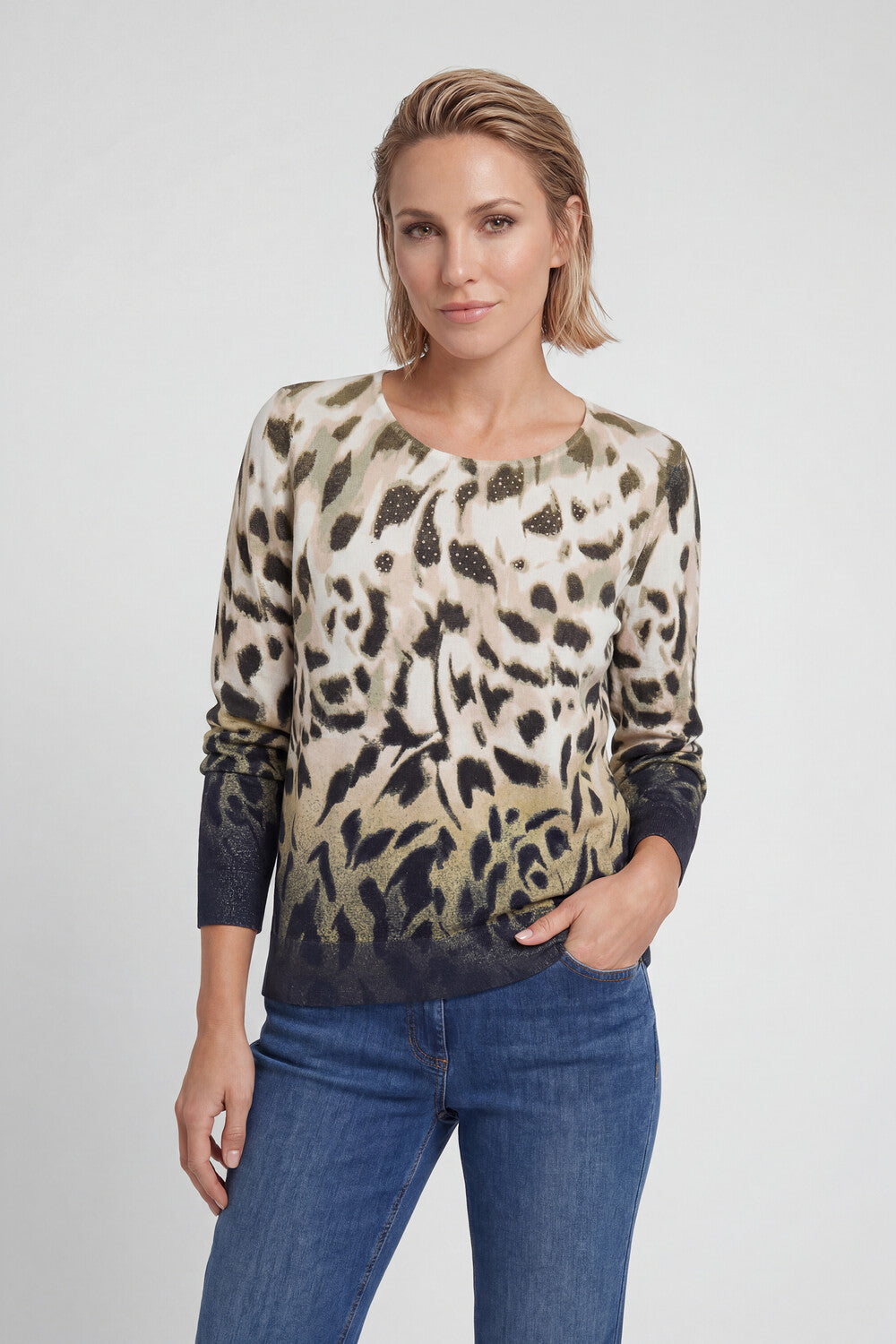 Olsen Moss Green Leopard Print Pullover