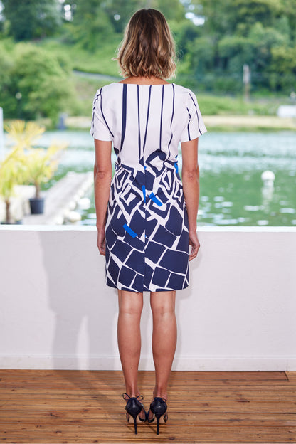 Blue & White Abstract Print Dress
